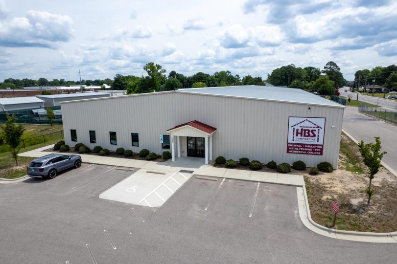 Aerial Image of the front of HBS Commercial - About page, Service Area, Eastern North Carolina, Acoustical Ceiling Tile & Grid Systems